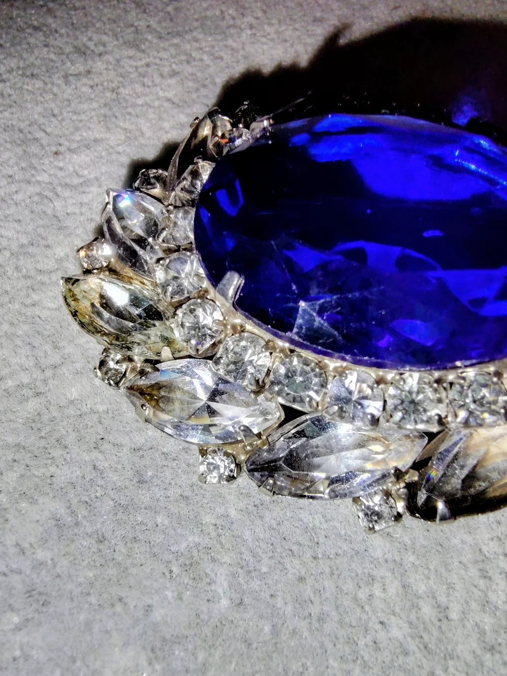 Circa 1960s Blue Crystal Marquise Statement Brooch 2.5×2
